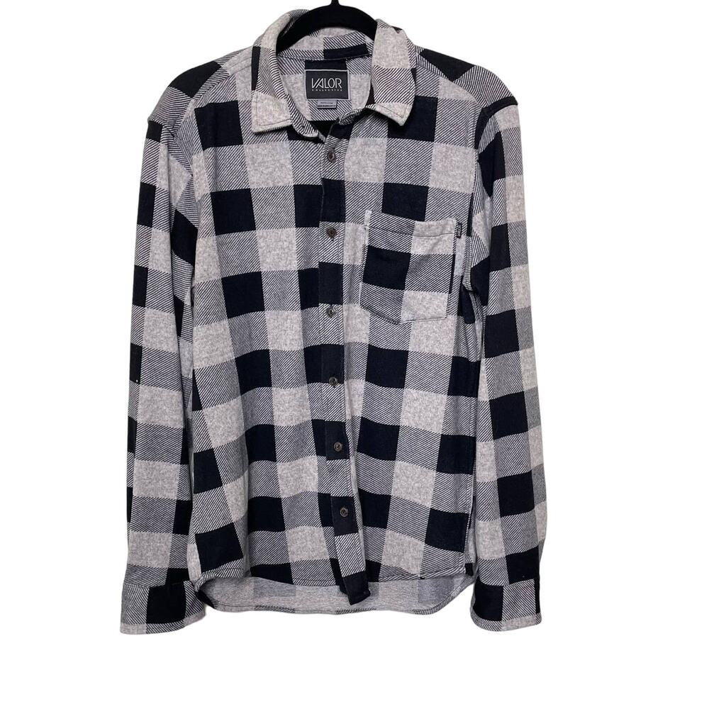 Valor Flannel Button Up Shirt Check‎ Collared Gray Black Buffalo Plaid M Cowboy